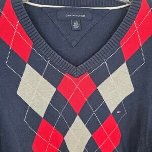 Tommy Hilfiger Argyle Sweater Mens V-Neck Y2K Navy Red Preppy Academia Office  L